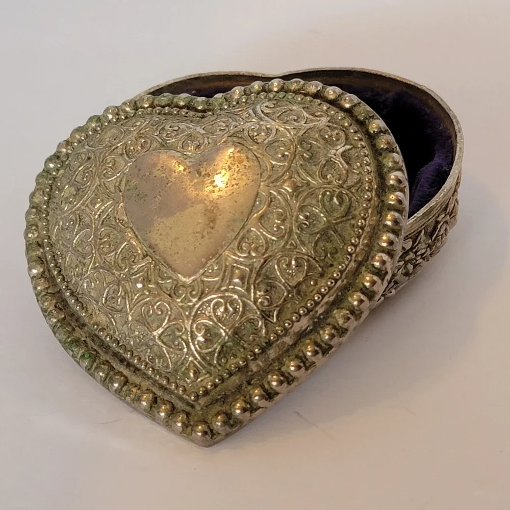 Vintage Heart Trinket Box, Silver Plate Blue Velvet Interior- Lots Of Patina
